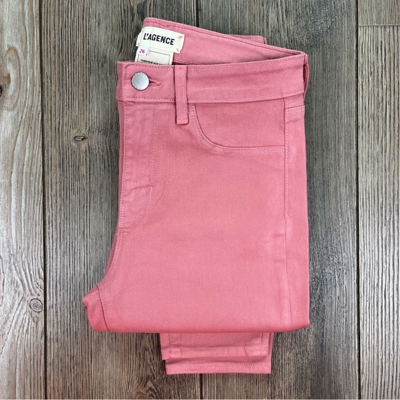 SOLD! L’AGENCE Margot High Rise Skinny Jeans Coated Dusty Rose - Picture 6 of 15